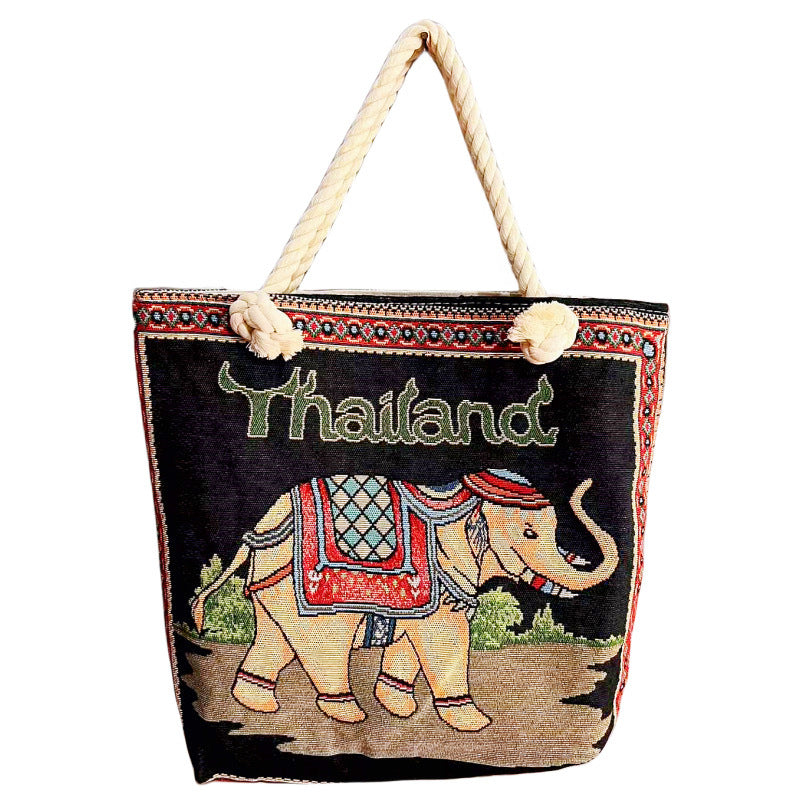 Boho Chic Double-Sided Elephant Embroidered Canvas Shoulder Bag - Spacious Everyday Tote
