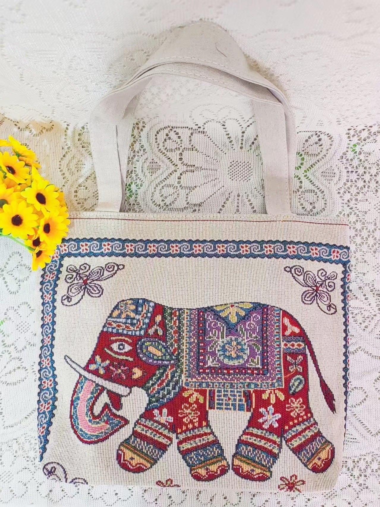 Boho Chic Double-Sided Elephant Embroidered Canvas Shoulder Bag - Spacious Everyday Tote