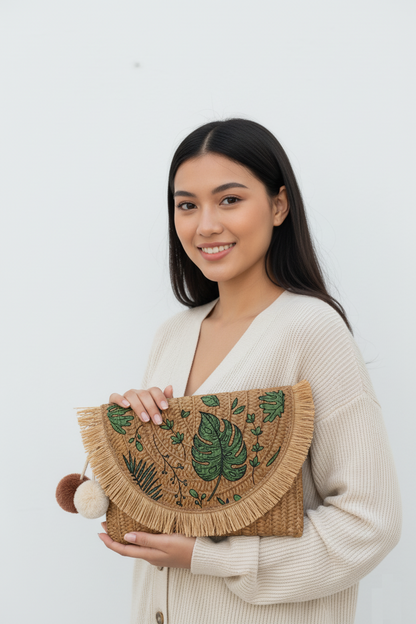 Artisan Woven Floral Print Crossbody Bag - Versatile Clutch for Effortless Style