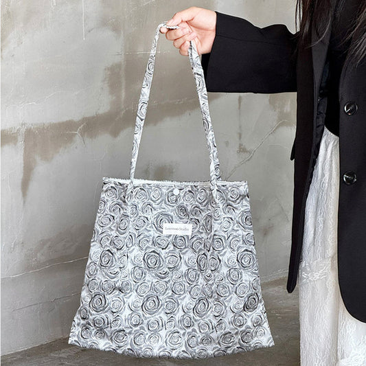 Chic Ink Rose Print Tote Shoulder Bag - Spacious & Versatile for Everyday