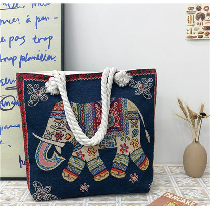 Boho Chic Double-Sided Elephant Embroidered Canvas Shoulder Bag - Spacious Everyday Tote