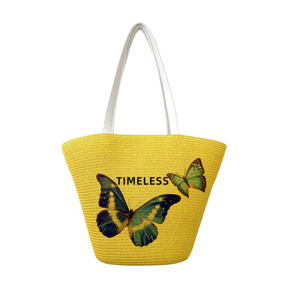 Chic Butterfly Print Woven Tote Bag - Spacious Casual Shoulder Handbag