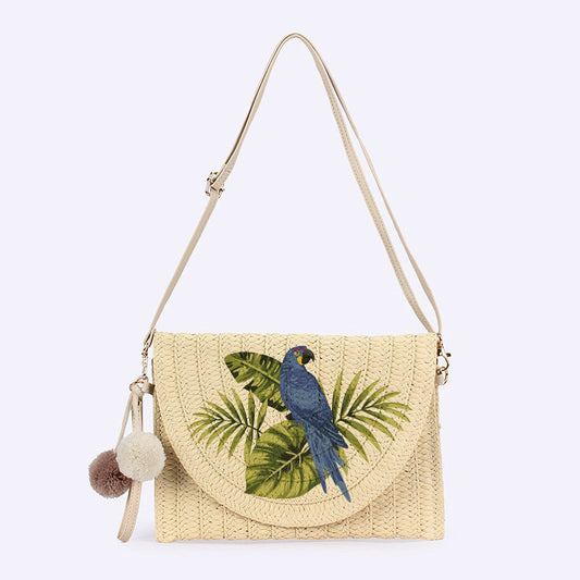 Chic Parrot Print Woven Straw Bag - Convertible Crossbody & Clutch