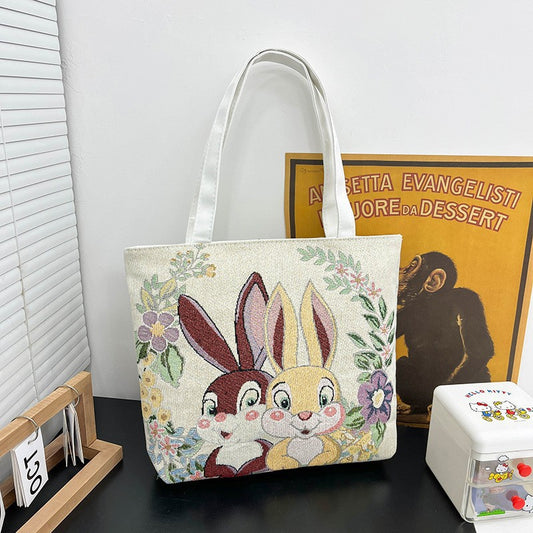 Boho Chic Double-Sided Elephant Embroidered Canvas Shoulder Bag - Spacious Everyday Tote