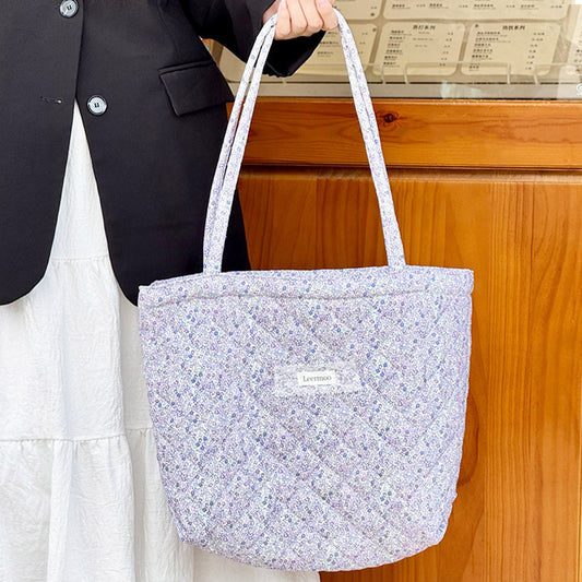 Korean Style Quilted Floral Tote Shoulder Bag - Large Capacity Casual Everyday Carryall