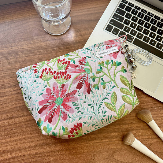 Retro Chic Embossed Floral Makeup Organizer & Travel Pouch - Large Capacity, Portable Handbag for Women