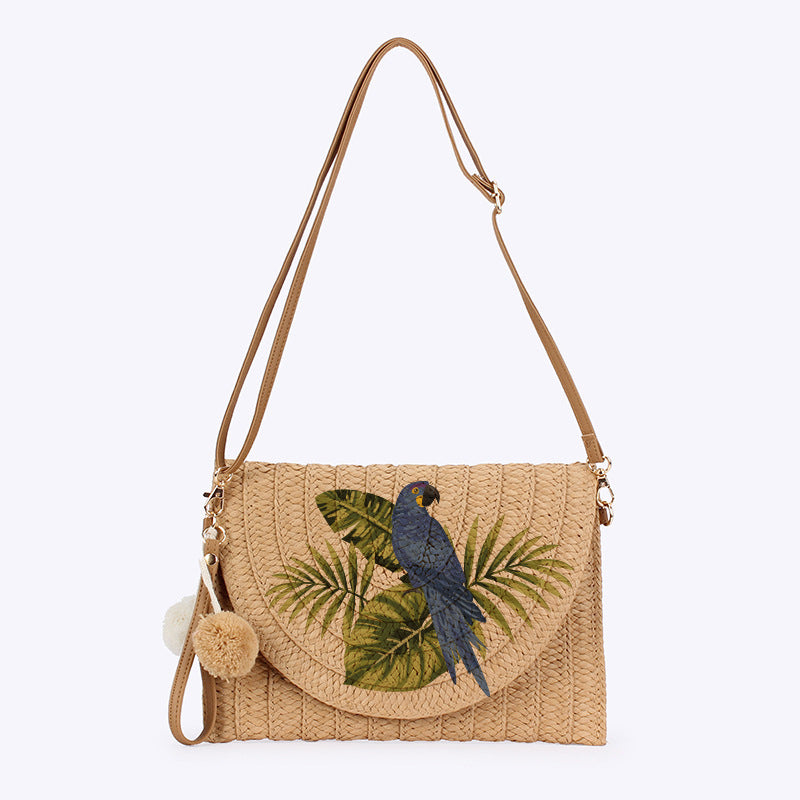 Chic Parrot Print Woven Straw Bag - Convertible Crossbody & Clutch