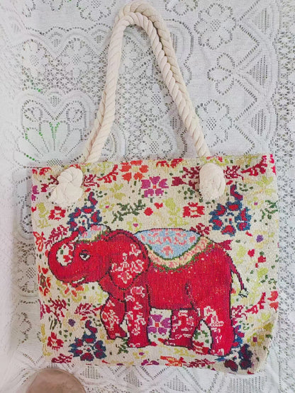 Boho Chic Double-Sided Elephant Embroidered Canvas Shoulder Bag - Spacious Everyday Tote