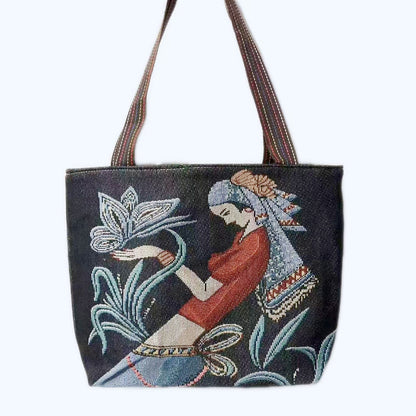 Boho Chic Double-Sided Elephant Embroidered Canvas Shoulder Bag - Spacious Everyday Tote