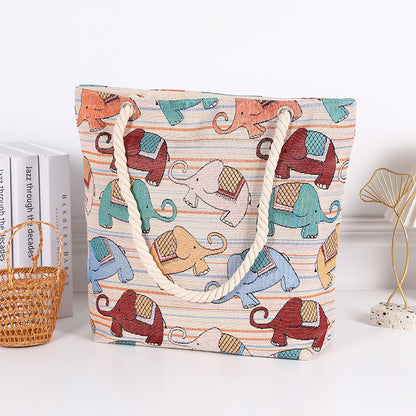 Boho Chic Double-Sided Elephant Embroidered Canvas Shoulder Bag - Spacious Everyday Tote