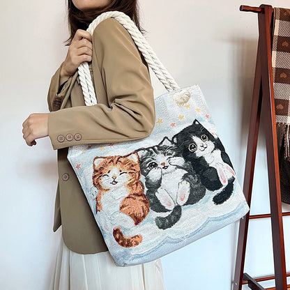 Boho Chic Double-Sided Elephant Embroidered Canvas Shoulder Bag - Spacious Everyday Tote