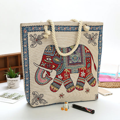 Boho Chic Double-Sided Elephant Embroidered Canvas Shoulder Bag - Spacious Everyday Tote