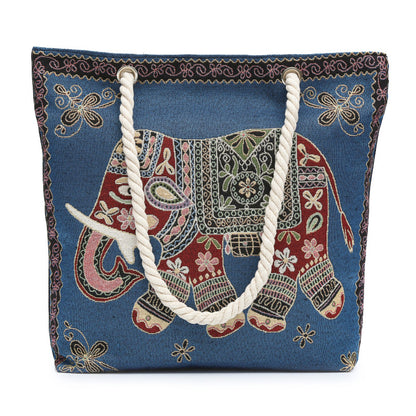 Boho Chic Double-Sided Elephant Embroidered Canvas Shoulder Bag - Spacious Everyday Tote