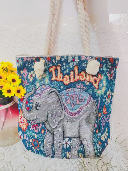 Boho Chic Double-Sided Elephant Embroidered Canvas Shoulder Bag - Spacious Everyday Tote