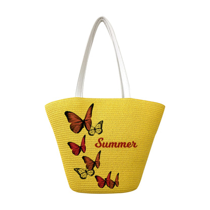 Chic Butterfly Print Woven Tote Bag - Spacious Casual Shoulder Handbag
