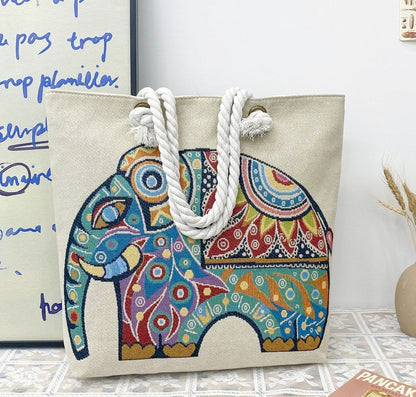 Boho Chic Double-Sided Elephant Embroidered Canvas Shoulder Bag - Spacious Everyday Tote