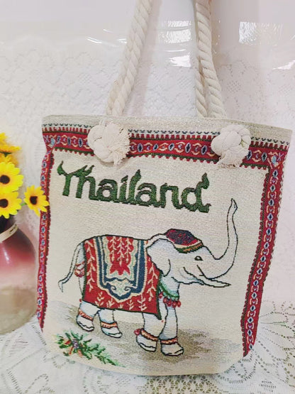 Boho Chic Double-Sided Elephant Embroidered Canvas Shoulder Bag - Spacious Everyday Tote