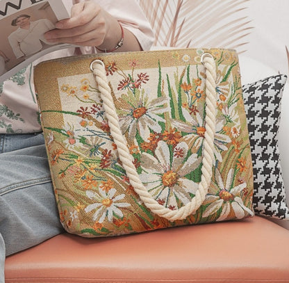 Boho Chic Double-Sided Elephant Embroidered Canvas Shoulder Bag - Spacious Everyday Tote