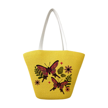 Chic Butterfly Print Woven Tote Bag - Spacious Casual Shoulder Handbag